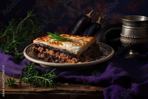 Refined moussaka in a clay dish against a silk fabric background