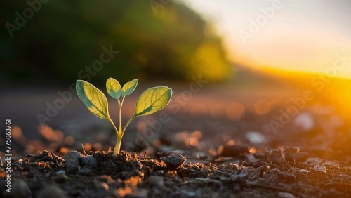 A Small Plant Growing on the Soil with Sunrise, Blured and Noise Background, generative, ai