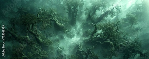 a cursed forest, where twisted trees and eerie mist engulf a hidden ancient castle The ominous atmosphere should evoke a sense of mystery and danger, perfect for a fantasy book cover photo