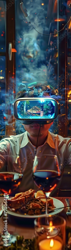 social media post for Rear view QuantumQuisine showcasing a digital illustration of a virtual reality dining experience Incorporate elements of surprise and delight