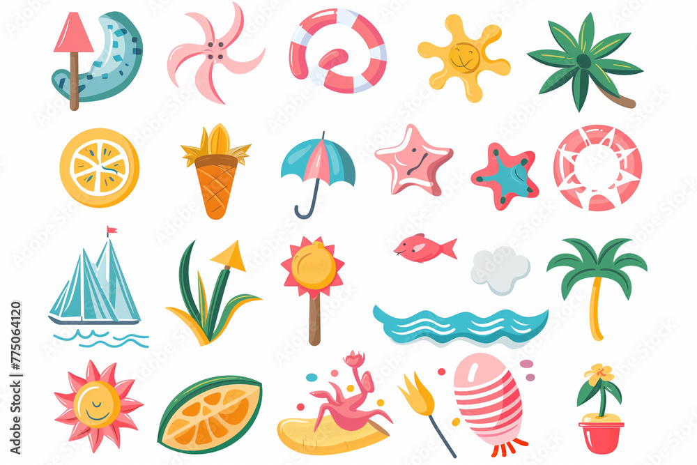 Set of colorful items symbolizing summer arranged on a plain white background
