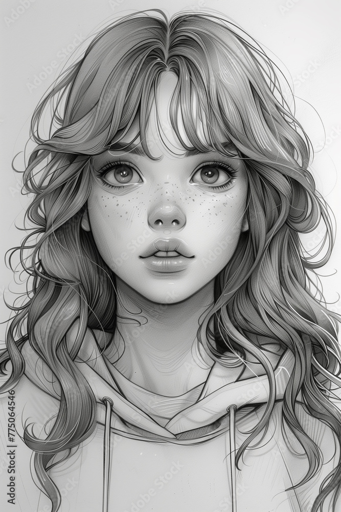 Black and white anime-style sketch of a girl with long hair Black and white anime-style sketch of a girl with long hair