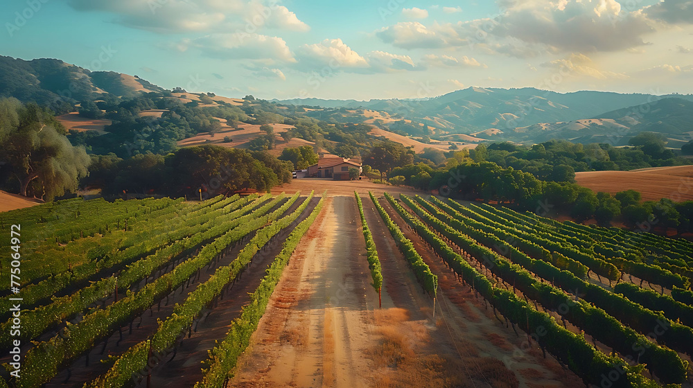 An aerial view of a picturesque vineyard nestled in a valley