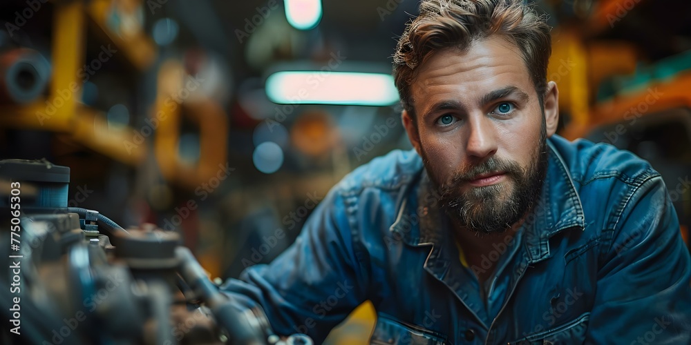 Caucasian technician inspecting car engine for maintenance and repair in automotive service industry. Concept Automotive Services, Car Maintenance, Technician Inspection, Engine Repair