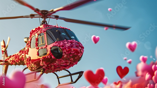 A whimsical scene featuring a helicopter covered in pink and red flowers  surrounded by floating heart-shaped balloons against a clear blue sky. 