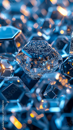 the image includes an impressive collection of hexagons and black lights, in the style of hard surface modeling, silver and navy, made of crystals, polished craftsmanship, rtx, digitally enhanced photo