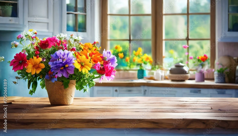 Close up an empty wooden table adorned with colorful flowers, backdrop of expansive windows that flood the kitchen, tulips in a vase on the windowsill