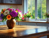 flowers in the window, Close up an empty wooden table adorned with colorful flowers, backdrop of expansive windows that flood the kitchen