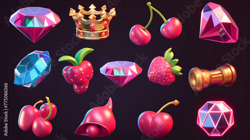 Set of slot game icon with colorful on dark background, Illustration