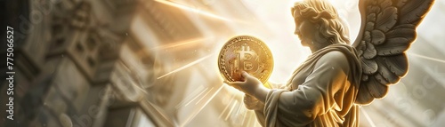 Angel holding a glowing Bitcoin, low-angle, backlit with divine aura, high-contrast photo