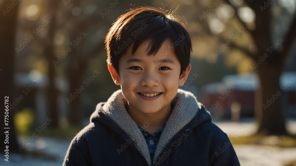kid child asian boy on morning sunlight winter park background smiling happy looking at camera with copy space for banner backdrop from Generative AI kid child asian boy on morning sunlight winter park background smiling happy looking at camera with copy space for banner backdrop from Generative AI