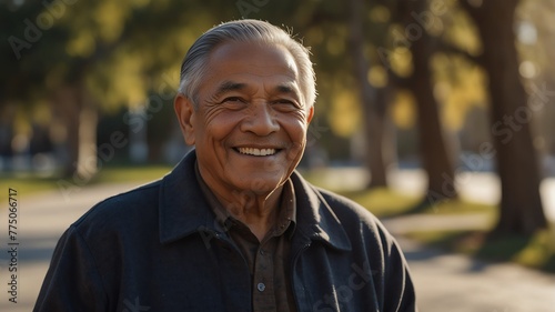 elderly pacific islander man on morning sunlight winter park background smiling happy looking at camera with copy space for banner backdrop from Generative AI