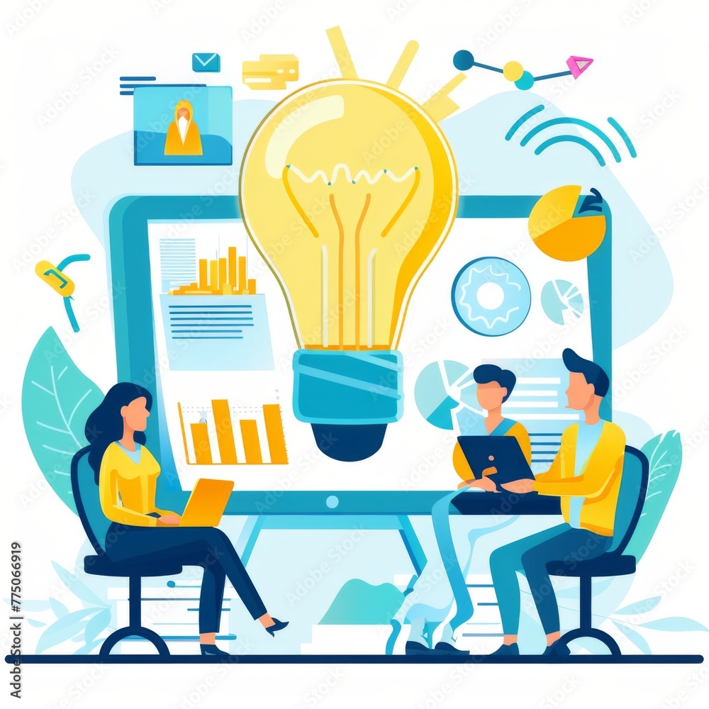 Illustration of a team collaborating with a giant lightbulb symbolizing a burst of ideas Illustration of a team collaborating with a giant lightbulb symbolizing a burst of ideas