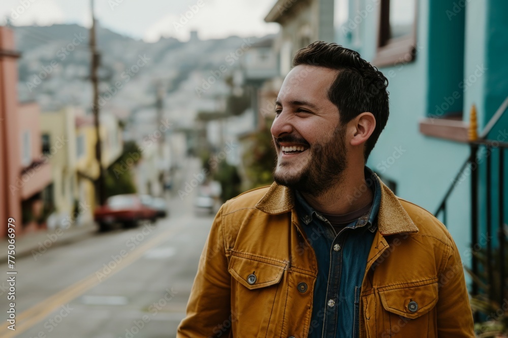 Portrait of a handsome man with a beard in a yellow jacket on the street. Portrait of a handsome man with a beard in a yellow jacket on the street.