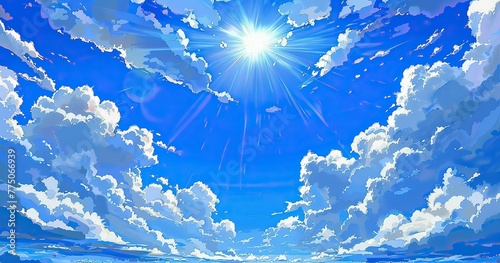 A depiction of a vivid blue summer sky, expansive and clear. The scene captures the deep azure hue of the sky, with the sun shining brightly, creating a warm and inviting atmosphere