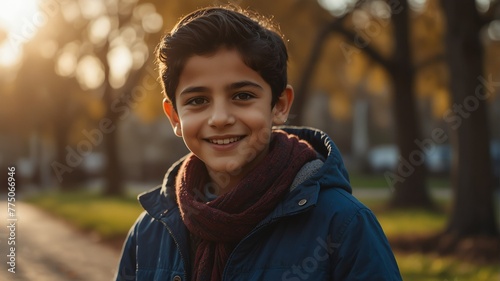 kid child middle eastern boy on morning sunlight winter park background smiling happy looking at camera with copy space for banner backdrop from Generative AI