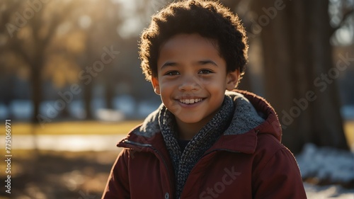 kid child multiracial boy on morning sunlight winter park background smiling happy looking at camera with copy space for banner backdrop from Generative AI