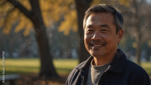 middle aged asian man on morning sunlight winter park background smiling happy looking at camera with copy space for banner backdrop from Generative AI