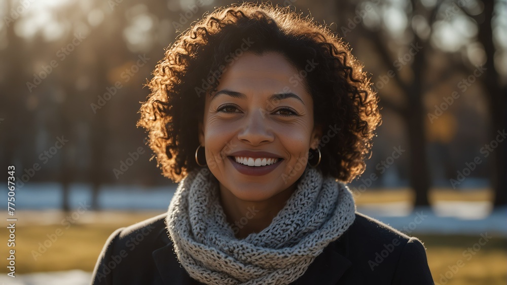 middle aged multiracial woman on morning sunlight winter park background smiling happy looking at camera with copy space for banner backdrop from Generative AI middle aged multiracial woman on morning sunlight winter park background smiling happy looking at camera with copy space for banner backdrop from Generative AI