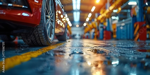 A car being serviced at an auto repair center focusing on tire maintenance and replacement. Concept Auto Repair, Tire Maintenance, Car Service, Mechanic Work, Vehicle Inspection photo