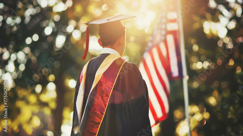 Graduate in cap and gown looking forward with an American flag in the background at sunset
