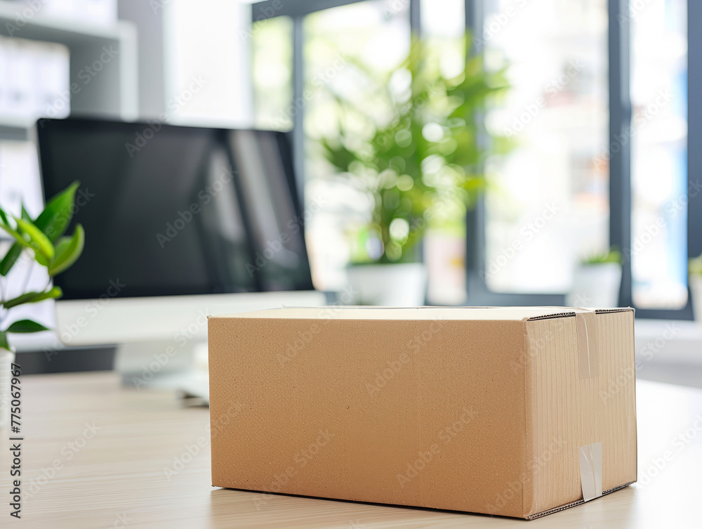 Cardboard packing box on a wooden table with blurred computer screen in the background Cardboard packing box on a wooden table with blurred computer screen in the background