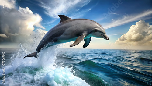 The dolphin is jumping from the sea