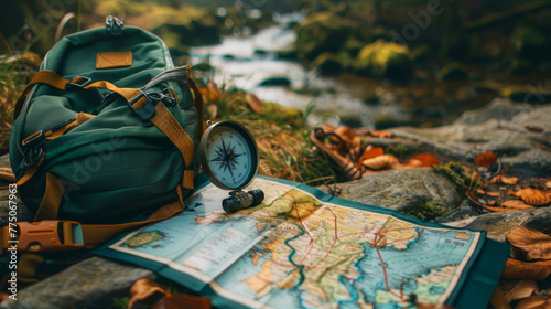 Trekking gear with map and compass on rock, essential tools for wilderness navigation