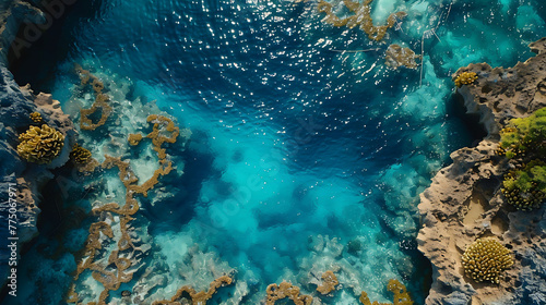 An aerial view of a pristine coral reef surrounded by crystal-clear waters