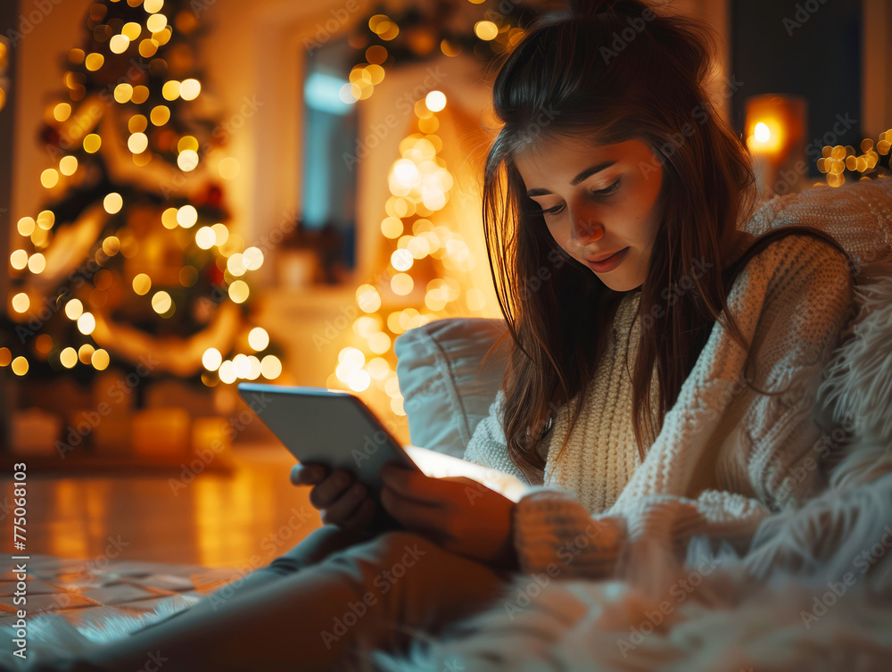 Young woman enjoying online shopping on tablet, cozy Christmas ambiance with tree lights