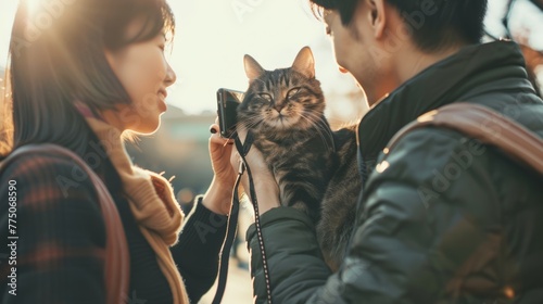 Couple taking photo with cat beloved pets 