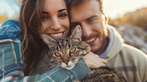 Couple taking photo with cat beloved pets 