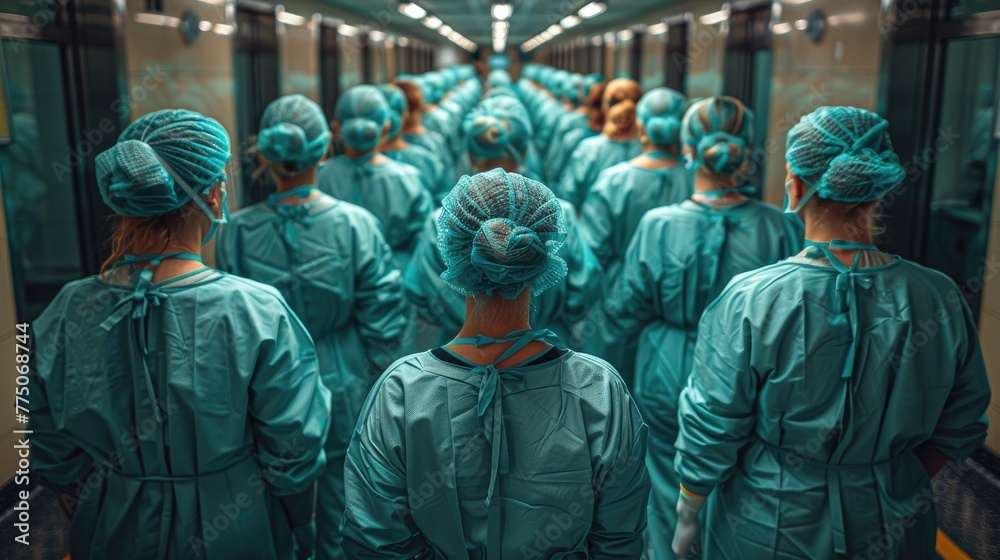 Abstract image of healthcare professionals in scrubs, overhead angle, muted tones Abstract image of healthcare professionals in scrubs, overhead angle, muted tones