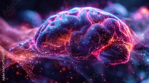 Abstract image of a brain with neural connections highlighted, vibrant neon colors photo
