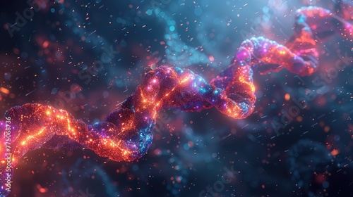 Abstract image of DNA strands twisting and turning, glowing neon colors against a dark background