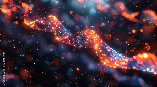 Abstract image of DNA strands twisting and turning, glowing neon colors against a dark background photo