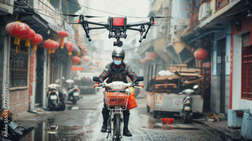 People in China use drones to deliver things, it's convenient, fast, and saves time. photo