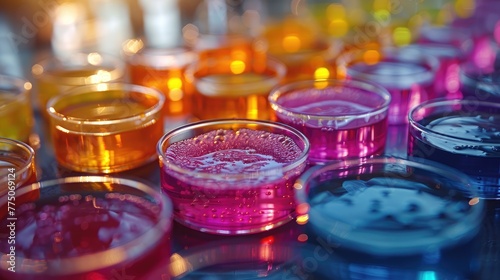 chemical reactions in petri dishes, colorful liquids mixing together, laboratory experiments and scientific concept photo