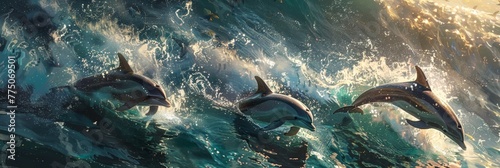 Pod of dolphins playfully leaping in clear moonlit waters realistic photorealistic scene