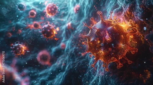 Conceptual image of a virus being fought off by antibodies, dynamic action scene photo