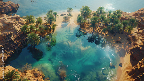 An aerial view of a remote desert oasis surrounded by sand dunes