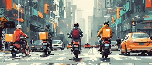 Illustration of delivery personnel on various vehicles like bikes, motorcycles, and cars, navigating through urban traffic to deliver packages efficiently. photo