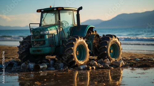 Watch as a sturdy tractor diligently clears debris from the beach, its robust tires and powerful engine making quick work of the cleanup task, ensuring a pristine shoreline for all to enjoy © Dmitrijs