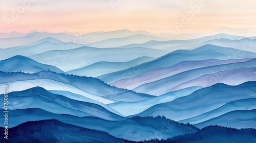 Abstract landscape of layered mountain ranges in soft watercolor tones