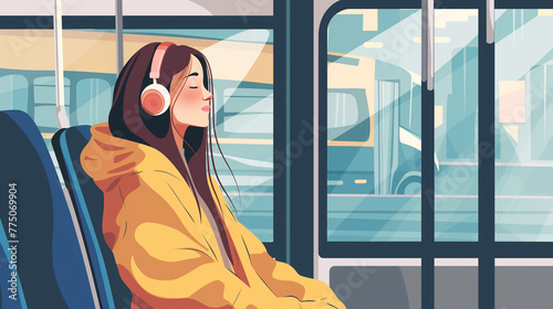 Mulher andando no transporte publico escutando musica com o headphone