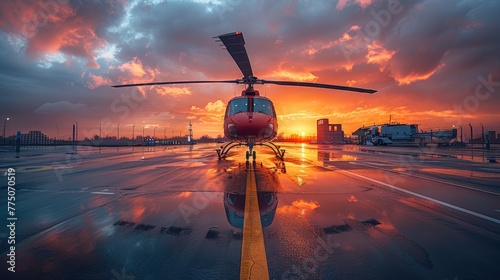 Medical helicopter landing on a hospital helipad, transporting critically ill patients, rapid response and transport