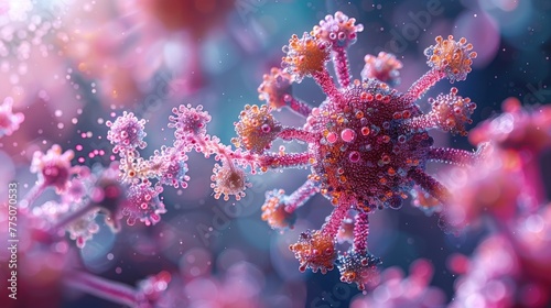 Microscopic view of antibodies attacking a virus, detailed and scientific