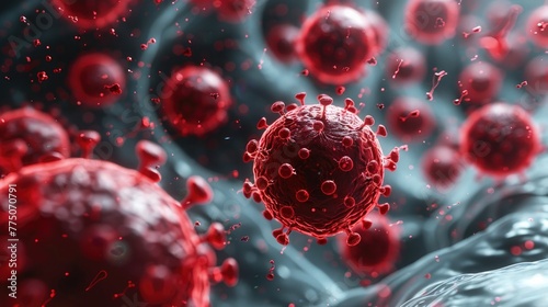 Nanoparticles targeting viruses in the body, medical theme with bright red accents photo