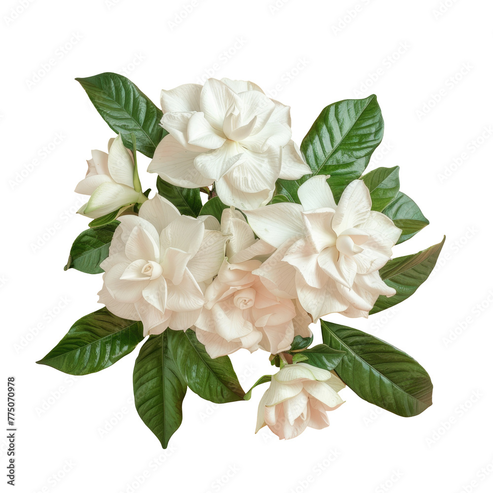 White flowers and green leaves in a bouquet