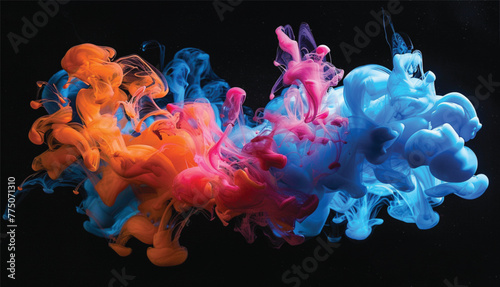 Acrylic blue and red colors in water. Inkblot. Abstract black background. Bright color clouds. Splash of color paint, water or smoke on dark background.